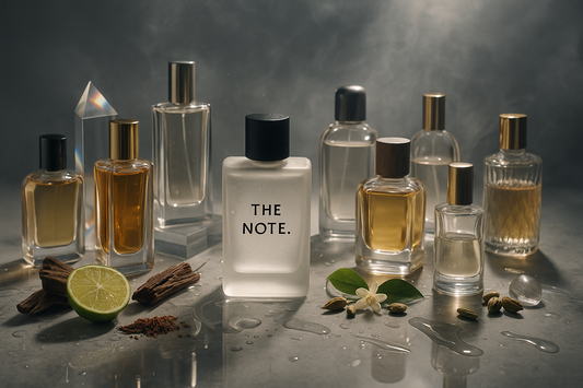 Ten luxury perfume bottles on beige marble with rose, jasmine, oud, saffron, bergamot and vanilla under warm golden light