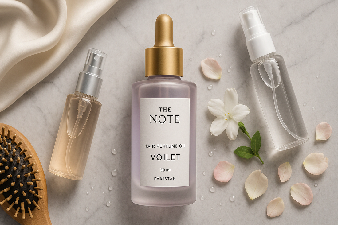 The Note VOILET hair perfume oil Pakistan on a marble surface, beside hair mist bottles, jasmine flower, rose petals and a wooden brush.