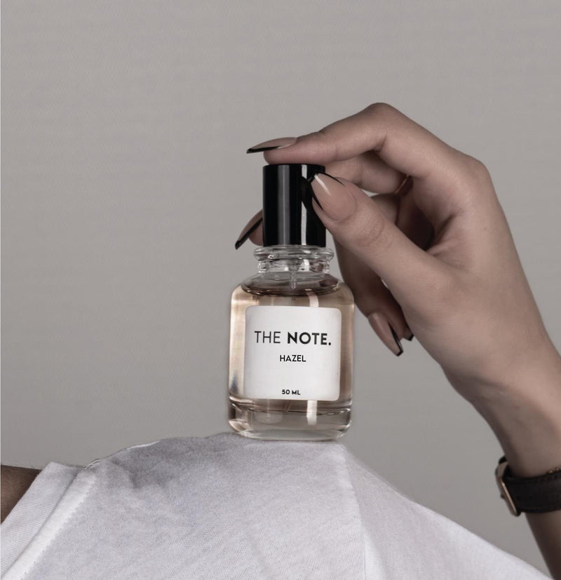 HAZEL by The Note - Luxury Floral Oriental Perfume for Women in Pakistan, Holding on right hand with plain background.