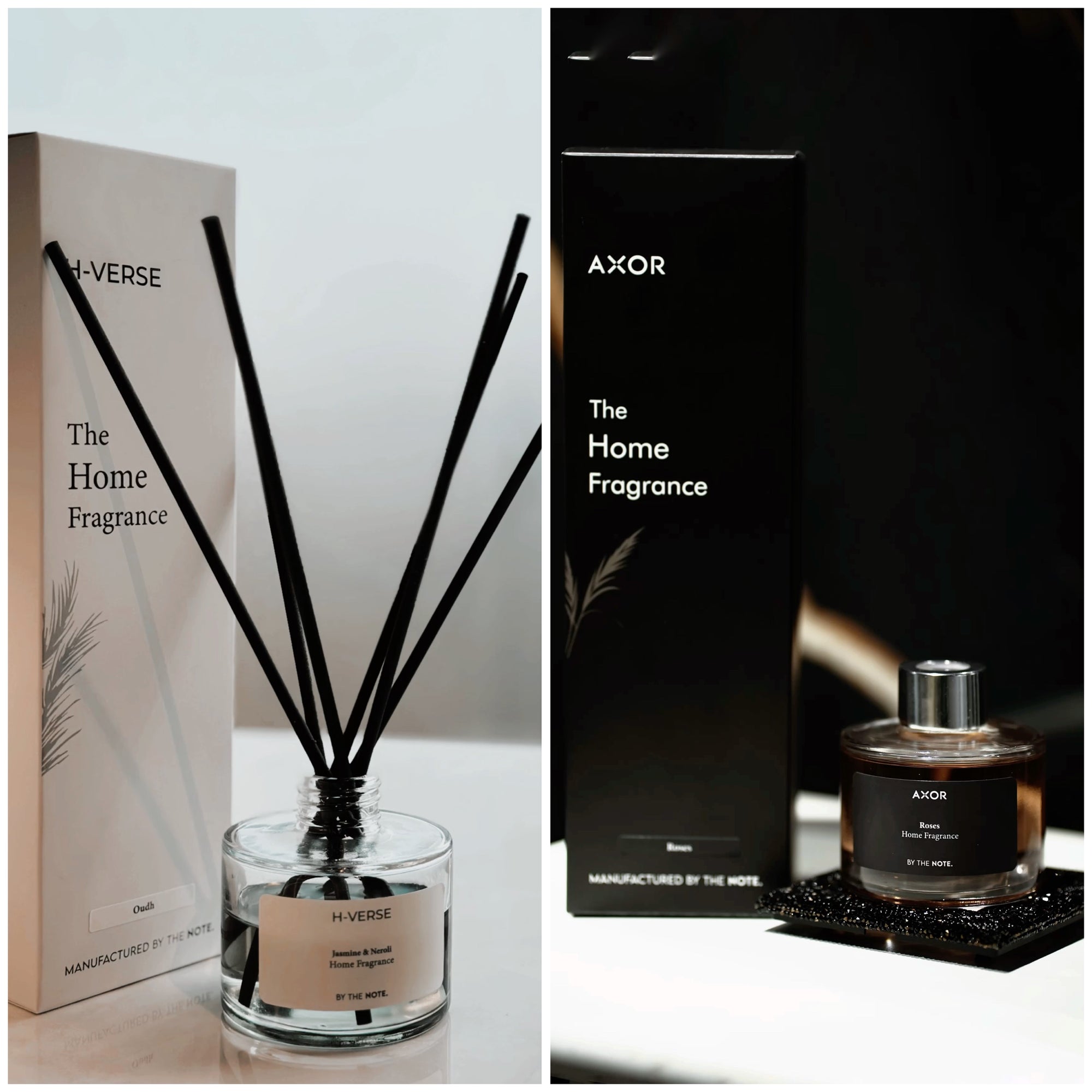 THE NOTE reed diffusers created in collaboration with H-VERSE and AXOR, featuring Jasmine & Neroli and Roses home fragrances in elegant packaging