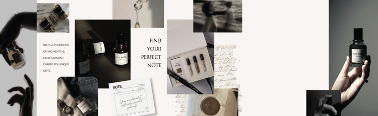 THE NOTE fragrance collection flatlay featuring reed diffusers, perfume samples, luxury packaging, and brand card with message 'Find Your Perfect Note' – premium scents crafted in Pakistan