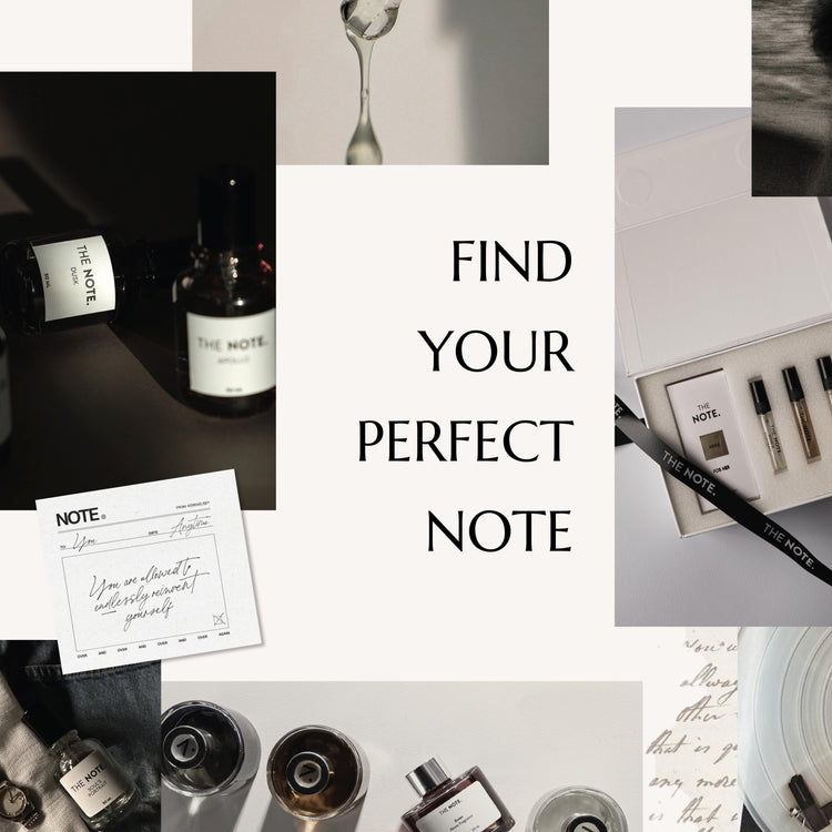 THE NOTE fragrance collection  featuring reed diffusers, perfume samples, luxury packaging, and brand card with message 'Find Your Perfect Note' – premium scents crafted in Pakistan